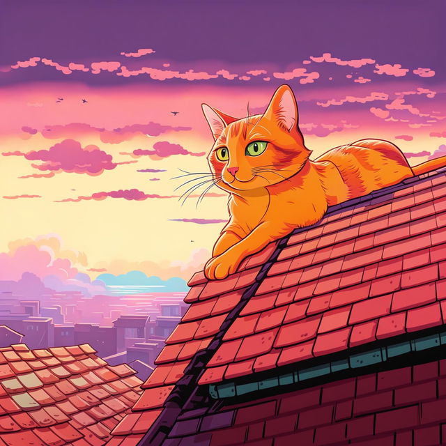 This is a high-quality cartoon illustration featuring a ginger cat sitting on a roof, watching the sunset