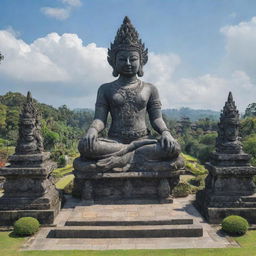 An alternative interpretation of the GWK (Garuda Wisnu Kencana) cultural park in Bali, showcasing the iconic statue and surrounding landscape in a fresh, original style.