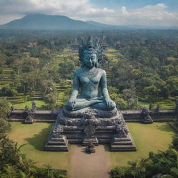 An alternative interpretation of the GWK (Garuda Wisnu Kencana) cultural park in Bali, showcasing the iconic statue and surrounding landscape in a fresh, original style.