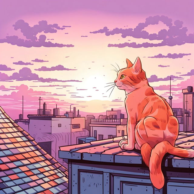 A high-quality cartoon illustration of a ginger cat sitting on a rooftop, watching the setting sun