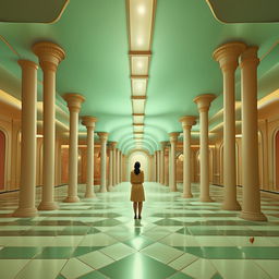 Generate an image using symmetrical framing and pastel colors, in the style of Wes Anderson's Grand Budapest Hotel. It visualizes an underwater scene featuring a beautiful mermaid.