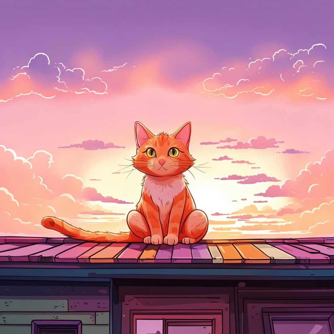 A high-quality cartoon illustration of a ginger cat sitting on a roof, attentively watching a stunning sunset