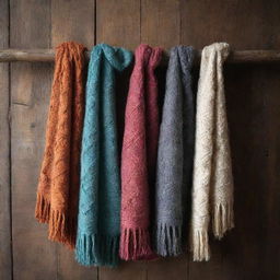 Elegant shawls knitted from chunky wool, with intricate patterns and fringes, displayed against a rustic wooden table, showcasing warm, inviting colours suitable for a cozy winter.