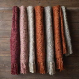 Elegant shawls knitted from chunky wool, with intricate patterns and fringes, displayed against a rustic wooden table, showcasing warm, inviting colours suitable for a cozy winter.