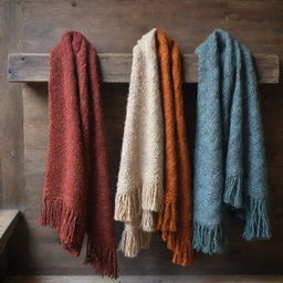 Elegant shawls knitted from chunky wool, with intricate patterns and fringes, displayed against a rustic wooden table, showcasing warm, inviting colours suitable for a cozy winter.