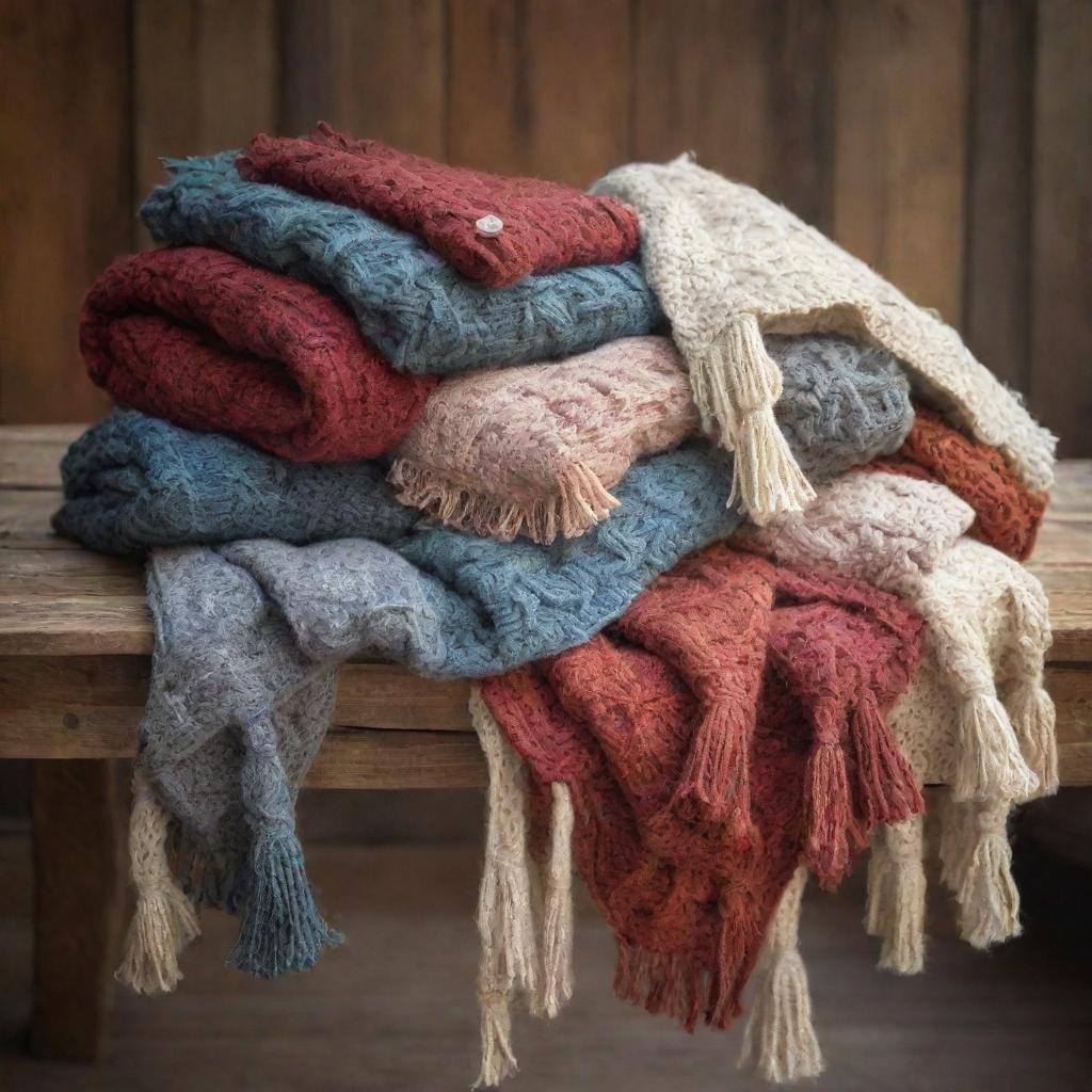 Elegant shawls knitted from chunky wool, with intricate patterns and fringes, displayed against a rustic wooden table, showcasing warm, inviting colours suitable for a cozy winter.