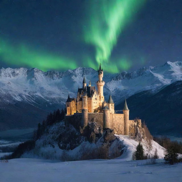 A fairy-tale castle nestled between two snowy mountains under the starry night sky, with aurora borealis weaving across the sky.