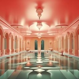 Generate an image using symmetrical framing and pastel colors, in the style of Wes Anderson's Grand Budapest Hotel. It visualizes an underwater scene featuring a beautiful mermaid.