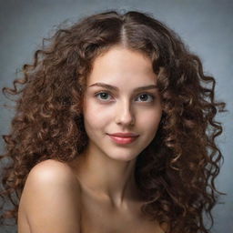 Create a portrait of a slim girl with long curly hair, a dimple on one cheek, and small lips.