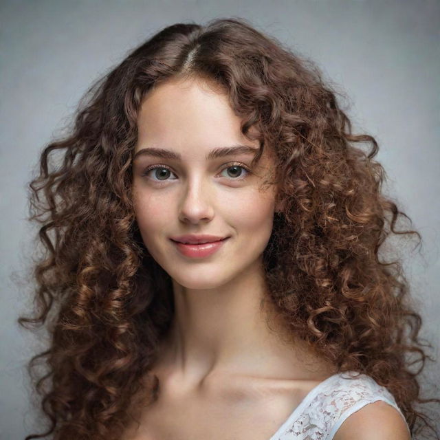 Create a portrait of a slim girl with long curly hair, a dimple on one cheek, and small lips.