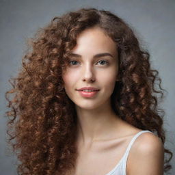 Create a portrait of a slim girl with long curly hair, a dimple on one cheek, and small lips.