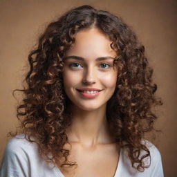 Create a portrait of a slim girl with long curly hair, a dimple on one cheek, and small lips.