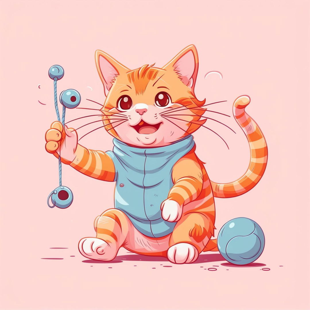 A vibrant cartoon illustration, featuring the same ginger cat from the previous image, now playing with a small toy