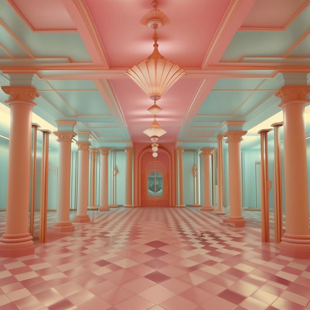 Generate an image using symmetrical framing and pastel colors, in the style of Wes Anderson's Grand Budapest Hotel. It visualizes an underwater scene featuring a beautiful mermaid.