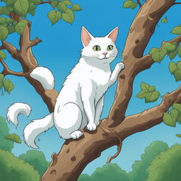 This is a detailed cartoon illustration of a white cat climbing a tree