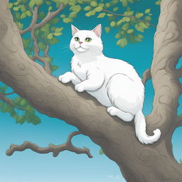 This is a detailed cartoon illustration of a white cat climbing a tree