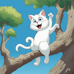 This is a detailed cartoon illustration of a white cat climbing a tree