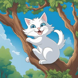 This is a detailed cartoon illustration of a white cat climbing a tree