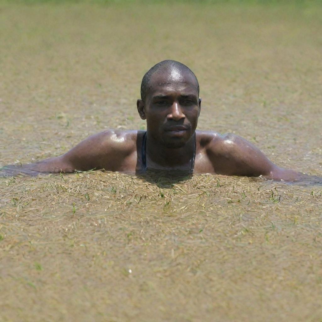 A black man swimming in a sea of rice grains