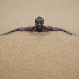 A black man swimming in a sea of rice grains