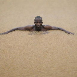 A black man swimming in a sea of rice grains