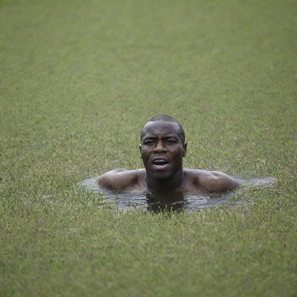 A black man swimming in a sea of rice grains