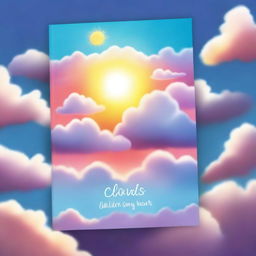 A high-quality digital art piece depicting the cover of a book titled 'Clouds in my sky, sun in my heart'