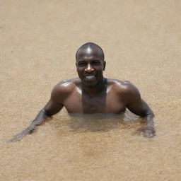 A black man swimming in a sea of rice grains