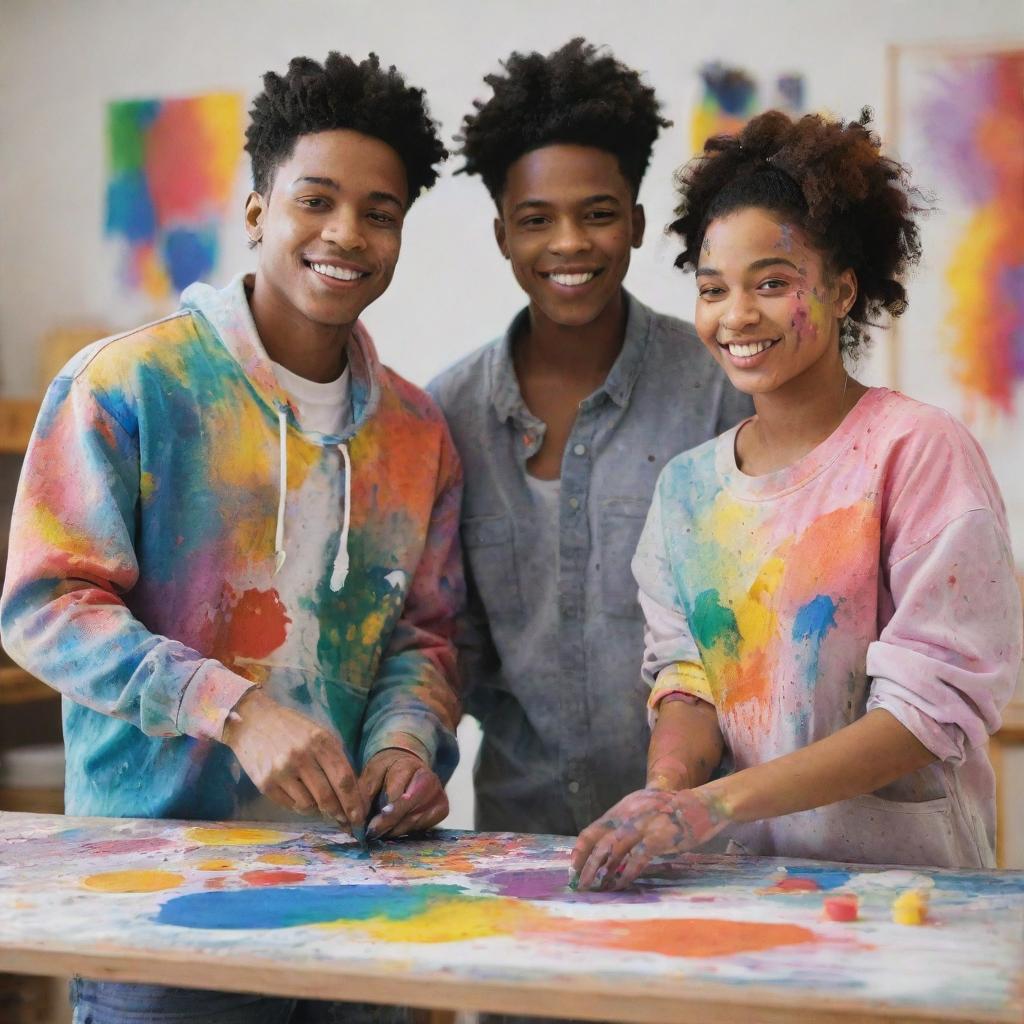 A young black male painter and a female, both adorned in paint-splattered clothes, engaged in a vibrant, color-drenched painting session in a lively art studio