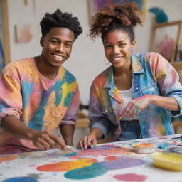 A young black male painter and a female, both adorned in paint-splattered clothes, engaged in a vibrant, color-drenched painting session in a lively art studio