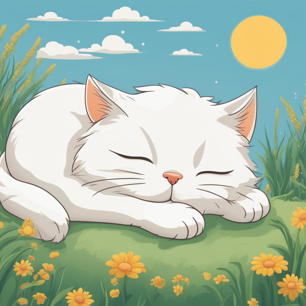 This is a detailed cartoon illustration of a white cat sleeping in the sun