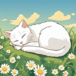 This is a detailed cartoon illustration of a white cat sleeping in the sun