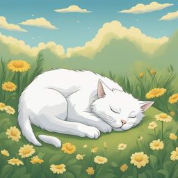 This is a detailed cartoon illustration of a white cat sleeping in the sun