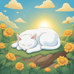 This is a detailed cartoon illustration of a white cat sleeping in the sun