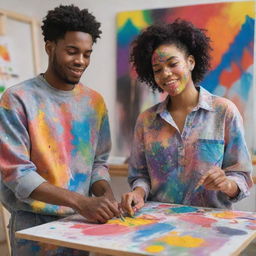 A young black male painter and a female, both adorned in paint-splattered clothes, engaged in a vibrant, color-drenched painting session in a lively art studio