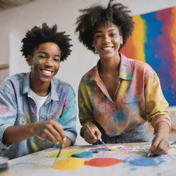 A young black male painter and a female, both adorned in paint-splattered clothes, engaged in a vibrant, color-drenched painting session in a lively art studio