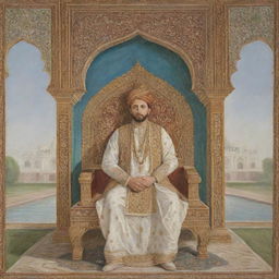 A highly detailed, Mughal style painting of Emperor Shah Jahan sitting regally on his throne, gazing proudly at the Taj Mahal, depicted accurately and without deformation, with side-facing composition.