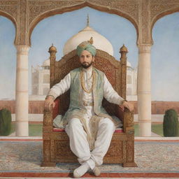 A highly detailed, Mughal style painting of Emperor Shah Jahan sitting regally on his throne, gazing proudly at the Taj Mahal, depicted accurately and without deformation, with side-facing composition.