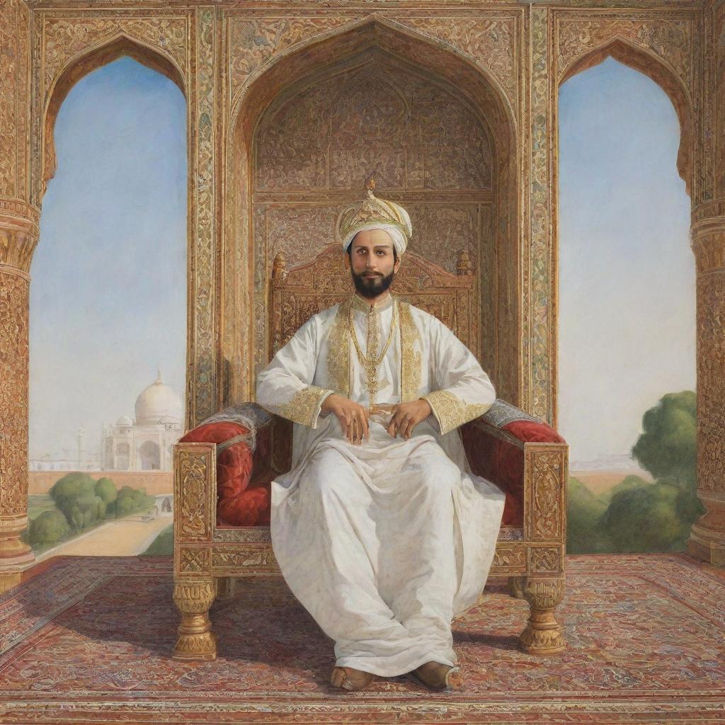 A highly detailed, Mughal style painting of Emperor Shah Jahan sitting regally on his throne, gazing proudly at the Taj Mahal, depicted accurately and without deformation, with side-facing composition.