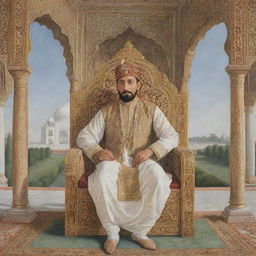 A highly detailed, Mughal style painting of Emperor Shah Jahan sitting regally on his throne, gazing proudly at the Taj Mahal, depicted accurately and without deformation, with side-facing composition.