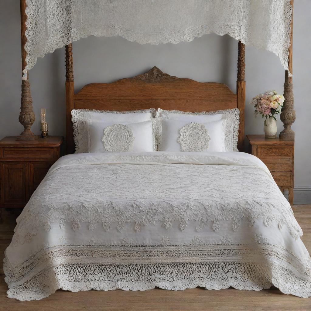 Ornate bed sheets designed with wool crochet and knitted flower patterns, impeccably arranged on a four-poster bed, showcasing a fusion of traditional craftsmanship with modern aesthetics.