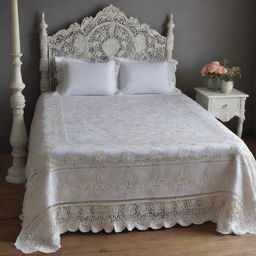 Ornate bed sheets designed with wool crochet and knitted flower patterns, impeccably arranged on a four-poster bed, showcasing a fusion of traditional craftsmanship with modern aesthetics.