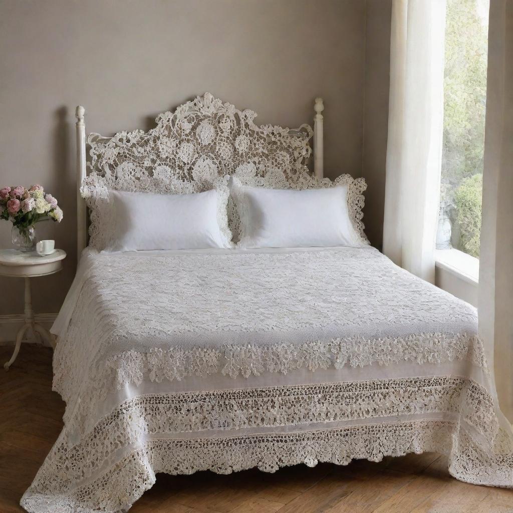 Ornate bed sheets designed with wool crochet and knitted flower patterns, impeccably arranged on a four-poster bed, showcasing a fusion of traditional craftsmanship with modern aesthetics.