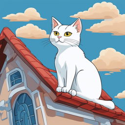 This is a detailed cartoon illustration of a white cat perched on a red-tiled roof