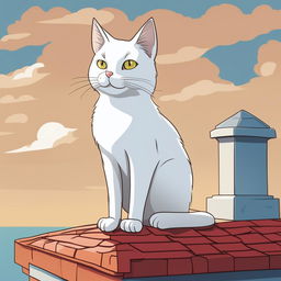 This is a detailed cartoon illustration of a white cat perched on a red-tiled roof