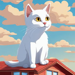 This is a detailed cartoon illustration of a white cat perched on a red-tiled roof