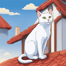 This is a detailed cartoon illustration of a white cat perched on a red-tiled roof