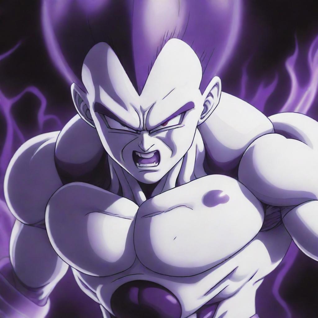 A detailed depiction of Frieza, a character from Dragon Ball Z, expressing intense anger with his iconic purple and white body glowing.