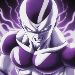 A detailed depiction of Frieza, a character from Dragon Ball Z, expressing intense anger with his iconic purple and white body glowing.