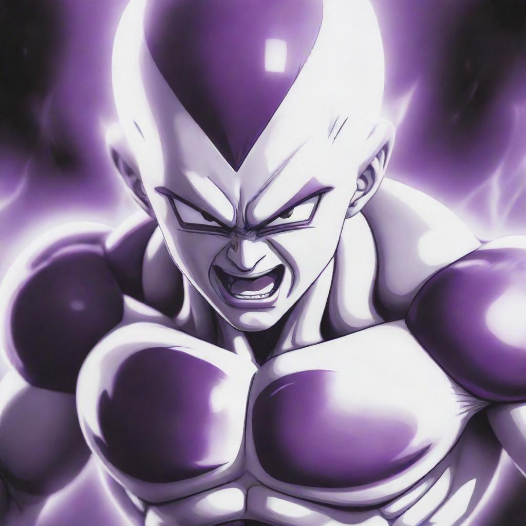 A detailed depiction of Frieza, a character from Dragon Ball Z, expressing intense anger with his iconic purple and white body glowing.